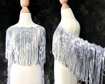 Bordure à franges en sequins noir argenté pour costumes, dentelle à pampilles brillante de 16 cm de large pour vêtements de danse, ruban à sequins de créateur pour couture de mode DIY