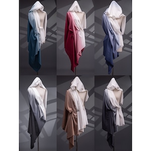 May include: Six hooded garments in different colors, including blue, red, brown, and gray, are displayed on mannequins. Each garment is a gradient of two colors, with the lighter color at the top and the darker color at the bottom.