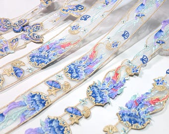 Apliques de encaje de organza bordados con medusas para coser, con temática oceánica, para Hanfu, cuello de manga, decoración de cortinas de cosplay y confección DIY