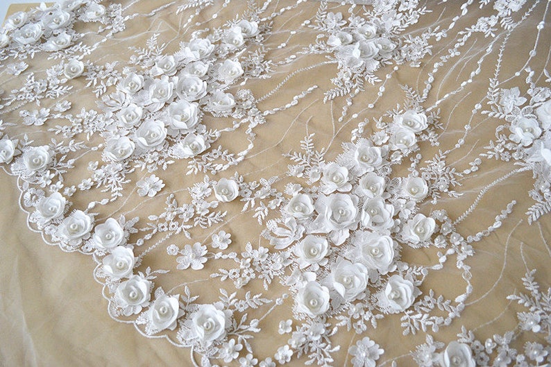 Width 53.14 inches wedding lace fabric,heavy beaded lace,flowers embroidered lace,floral 3D lace fabric,tulle sequins fabric120-241 milk white