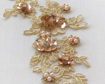 1 pcs 34x12cm Beaded gold Flower Lace Appliques,Pearl Embroidered Flowers,Patches For Wedding Supplies,Bridal Hair Flower,Headpiece(106-43)