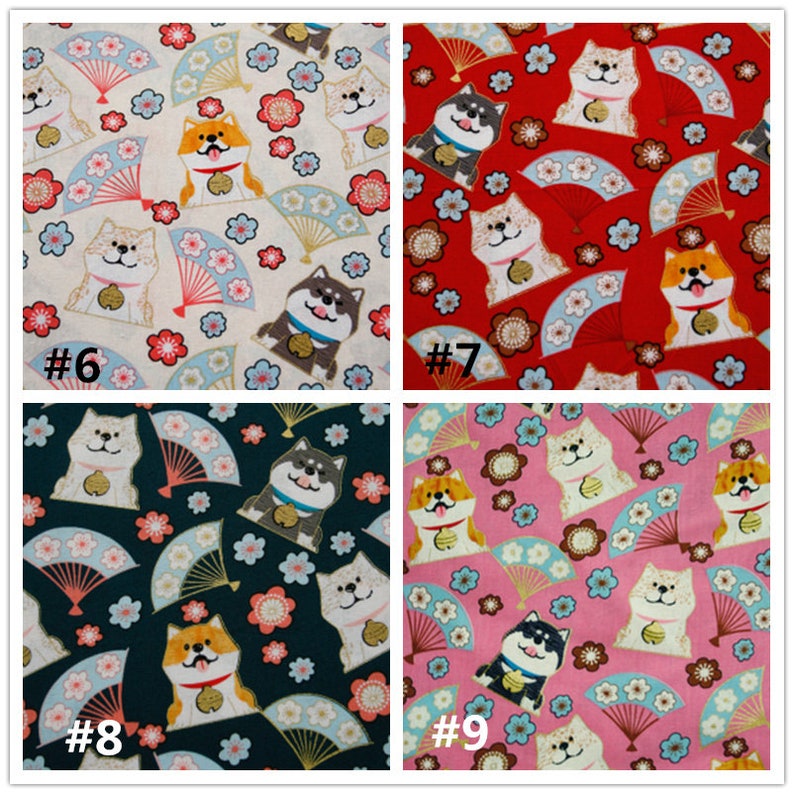 Puede incluir: Muestras de tela con patrones repetidos. Cada muestra presenta un perro Shiba Inu, abanicos y dise&ntilde;os florales. Los fondos son crema, rojo, verde oscuro y rosa. Cada muestra est&aacute; etiquetada con un n&uacute;mero.