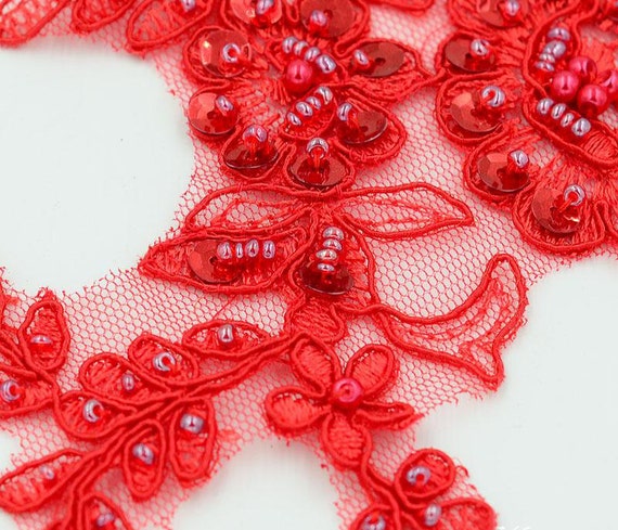 Beaded red Flower Lace Appliques,Pearl Embroidered Flowers,Patches For Wedding Supplies,Bridal Hair Flower,Headpiece,lace flower(106-37)