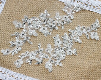 Apliques de encaje de marfil alencon, apliques de novia con cuentas, parches para suministros de boda, flor de pelo de novia, cabeza (45-37)