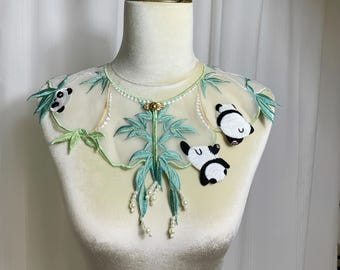 Original Panda Embroidered Yunjian with Bamboo Design and 47cm Neck Circumference for Hanfu Graduation Gown or Chinese Style Dress Accessory