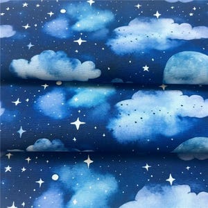 May include: Blue fabric with a watercolor print of clouds and stars. The fabric has a dark blue background with light blue clouds and white stars.