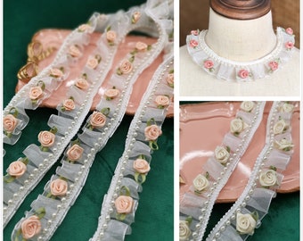 Width 2.5cm pearl lace trim,3D flowers lace,Pearl floral lace trim,beaded rose lace for DIY dress(249-11)