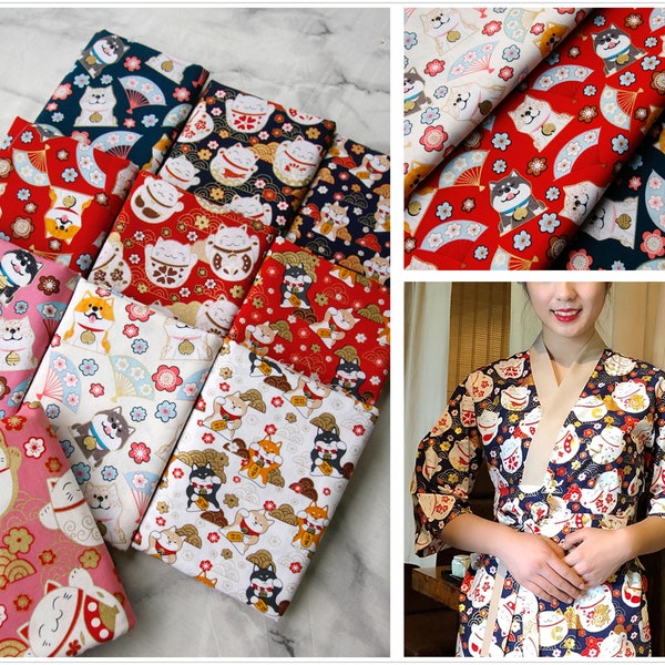 0,5 mètre largeur 55.12 '' Tissu de coton Lucky Cat,10 styles Shiba Inu Tissu,tissu de dorure pour chien,tissu traditionnel japonais (234-13)