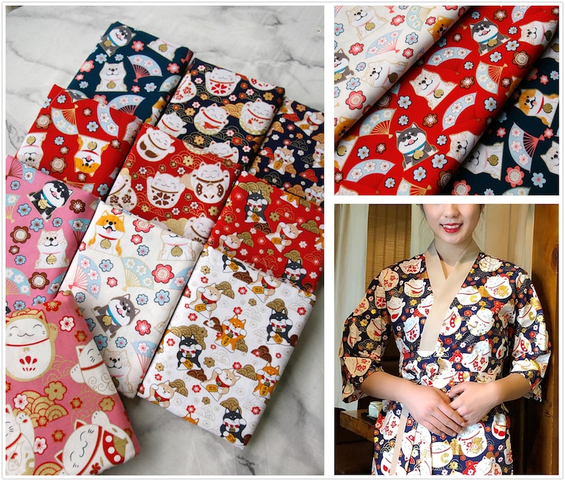 Puede incluir: Una colecci&oacute;n de telas estampadas con dise&ntilde;os de inspiraci&oacute;n japonesa. Las telas muestran patrones repetidos de perros Shiba Inu, gatos de la suerte, abanicos y motivos florales en rojo, blanco, rosa y azul marino. Una mujer lleva un kimono hecho con la misma tela.