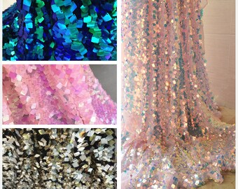 Ancho 49,21 tela colorida, tela de lentejuelas de sirena, tela de encaje 3D a escala, para vestido DIY, tela de moda (247-5)