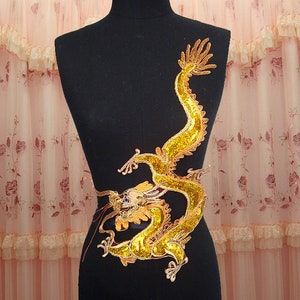 Big Embroidered Sequins Appliques,Gold Dragon Embroidered Appliques,Sew-on Patches For Dress Supplies,for Chinese Dress DIY (223-45)