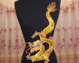 Big Embroidered Sequins Appliques,Gold Dragon Embroidered Appliques,Sew-on Patches For Dress Supplies,for Chinese Dress DIY (223-45)