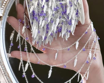 DIY silver feather chain with zircon beads in 8 colors, copper iron base jewelry chain for bracelet necklace costume making supplies