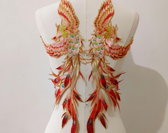 Parche bordado de fénix grande de 46 x 15 cm con borde dorado para Hanfu Qipao, vestido de novia, disfraz, aplique de estilo chino para coser