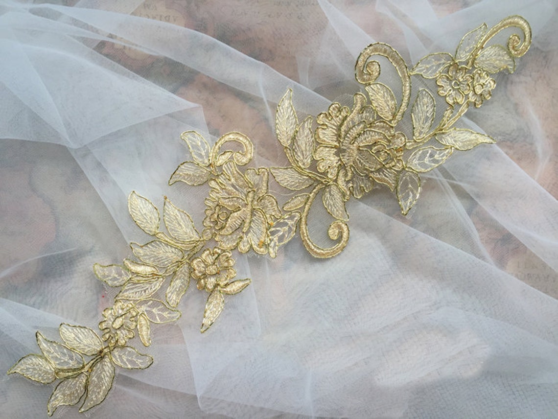 A Pair Embroidered Appliques Sewon Gold Applique Etsy
