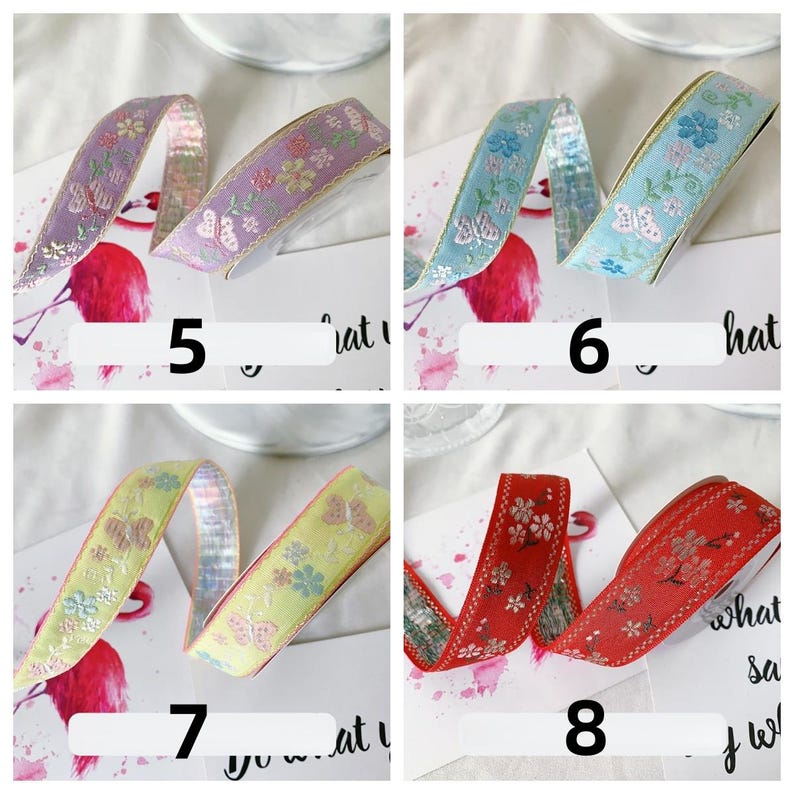 May include: Four decorative ribbons with floral and butterfly patterns. The ribbons are in shades of purple, blue, yellow, and red. Each ribbon has a different design and color scheme, with gold trim. Numbers 5, 6, 7, and 8 are visible on the image.