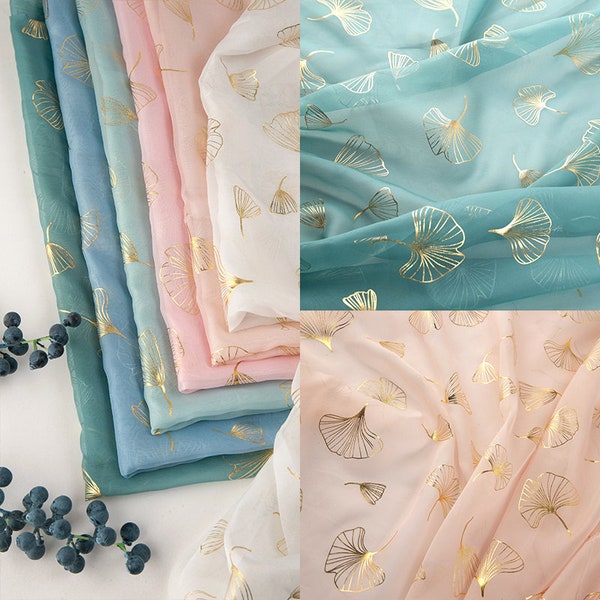 0.5 metros de largura 59.05 ''30D tecido de renda de chiffon dourado, tecido de chiffon com folhas de Ginkgo biloba, tecido para ruskirt DIY, para hanfu chinês (257-2)