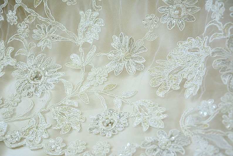 0.5 meter Width 59.05 inches ivory wedding lace fabric,Beaded embroidered lace,floral 3D lace fabric with Sequins 144-6