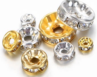 100 PCS 18K gold plated spacer beads with zircon rhinestones, alloy crystal rondelle beads for diy bracelet necklace jewelry making