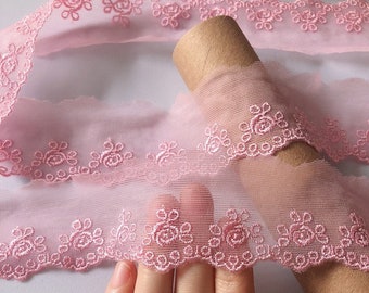 Width 4 cm pink lace trim, flowers embroidered lace,floral lace trim for bridal veil,scalloped trim lace,lace for DIY dress (181-72)