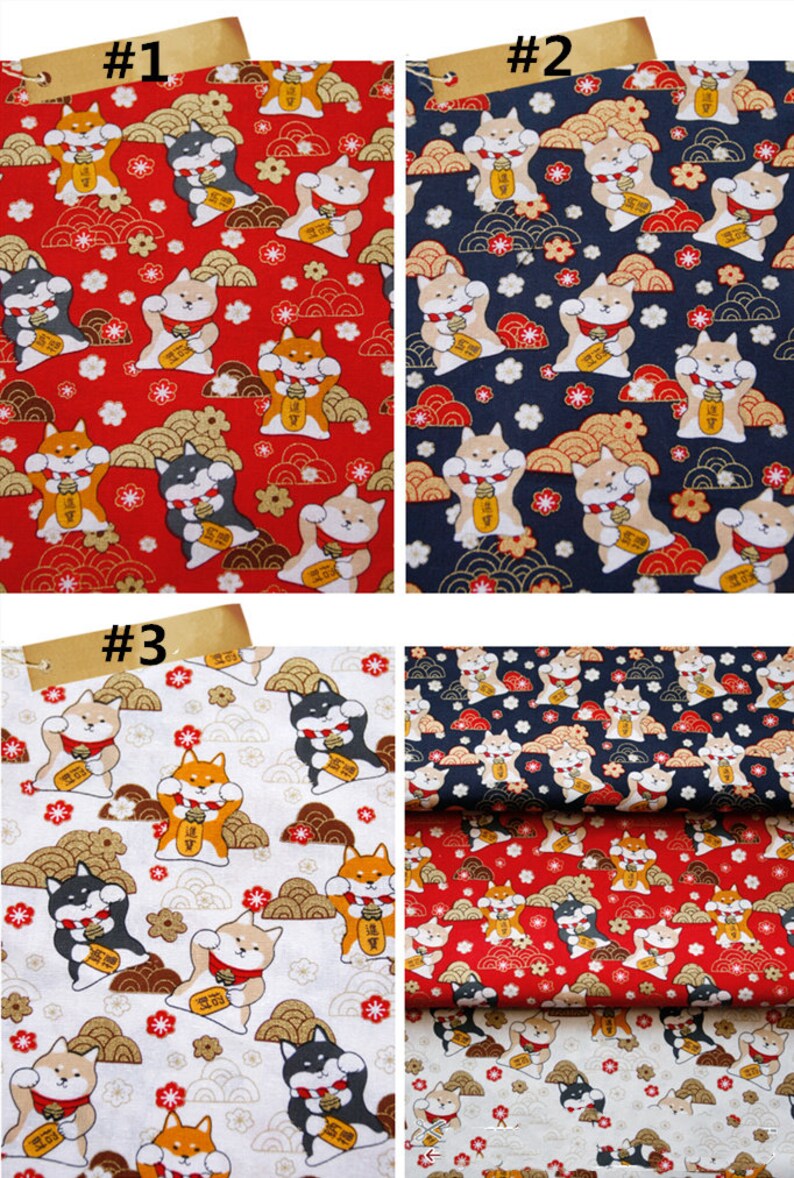 Puede incluir: Muestras de tela con patrones repetidos de perros Shiba Inu sosteniendo monedas de oro. Los fondos son rojo, azul marino, blanco y una mezcla de rojo y blanco. Ideal para costura o manualidades.