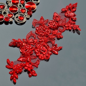Beaded red Flower Lace Appliques,Pearl Embroidered Flowers,Patches For Wedding Supplies,Bridal Hair Flower,Headpiece,lace flower(106-37)