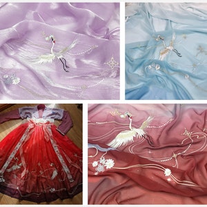 Tessuto in chiffon con gru coronata rossa, larghezza 1 metro, 59,05'', 18 colori, tessuto in pizzo a cambiamento graduale, tessuto per abiti fai da te, per Hanfu cinese (226-31)