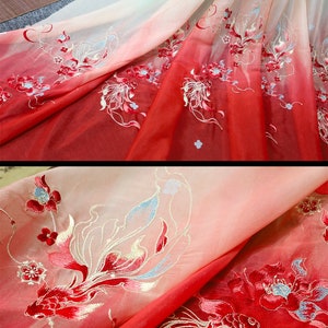 length 1 meter Width 150 cm goldfish lotus pattern chiffon fabric,animal embroidered lace,floral lace trim,lace for DIY Hanfu dress (191-15)