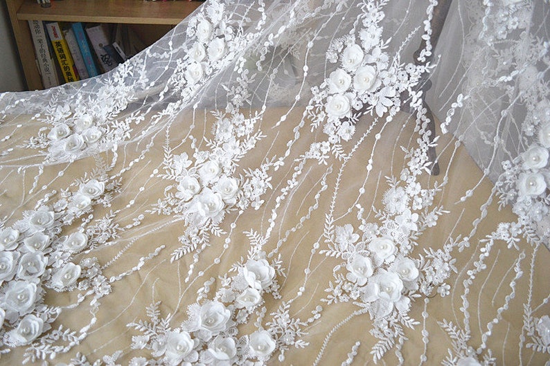 Width 53.14 inches wedding lace fabric,heavy beaded lace,flowers embroidered lace,floral 3D lace fabric,tulle sequins fabric120-241 image 3