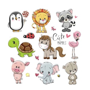 May include: Cute Animals illustration featuring a penguin, lion, raccoon, turtle, horse, flamingo, pig, elephant, and bear. The illustration is in a cartoon style and features bright colors.