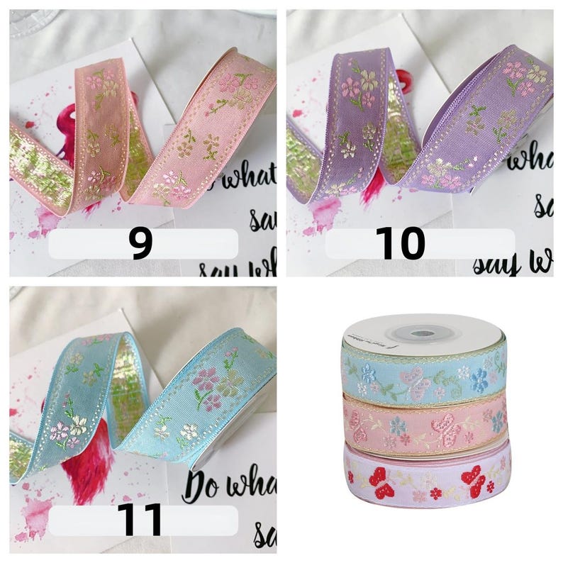 May include: Assortment of decorative ribbons in various colors, including pink, lavender, and blue. Each ribbon features floral and butterfly patterns with gold accents. The image also shows a stack of ribbon spools.