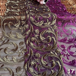 Larghezza 6,81 pollici ricamato oro / pizzo viola assetto,fiori ricamato pizzo,assetto pizzo per velo da sposa, pizzo per abito fai da te (56-114)