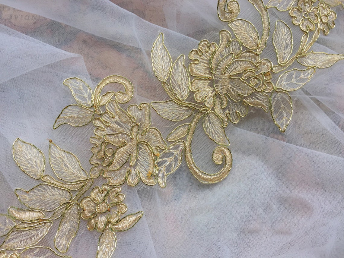 A Pair Embroidered Appliques Sewon Gold Applique Etsy