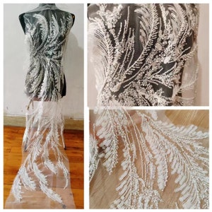 length 30 cm , Width 130 cm , ivory wedding lace fabric,beaded embroidered lace with Sequins,floral 3D lace fabric(45-556)