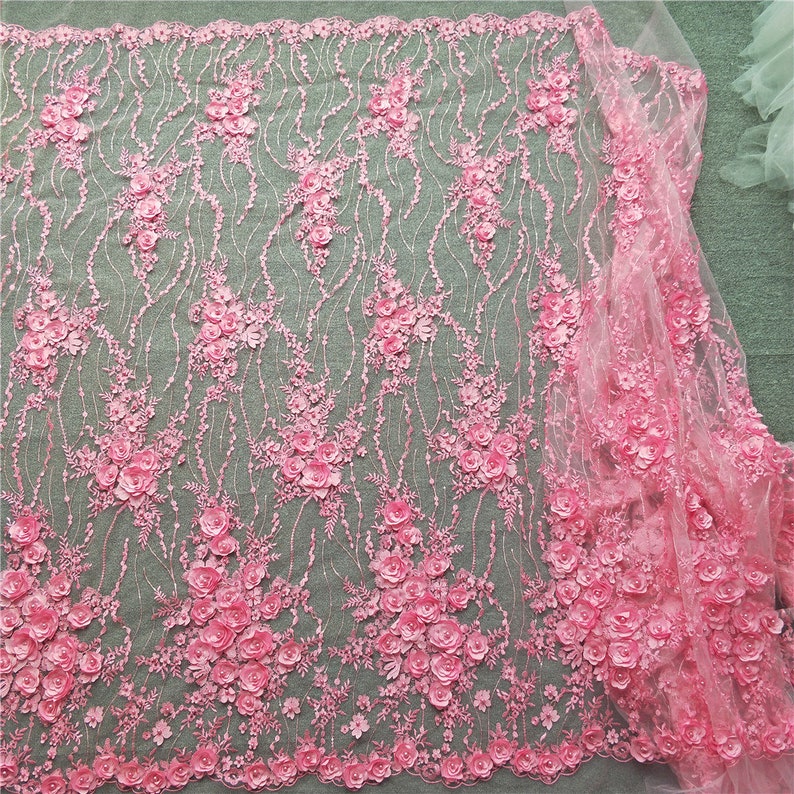 Width 53.14 inches wedding lace fabric,heavy beaded lace,flowers embroidered lace,floral 3D lace fabric,tulle sequins fabric120-241 pink
