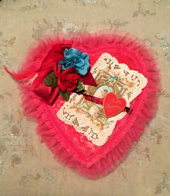 Valentine Heart Candy Box Altered Valentines Gift Antique Victorian 3d Lace Card Hot Pink Red Blue Vintage Inspired Chocolate Box Valentine Heart Candy Box Altered Valentines Gift Antique Victorian 3d Lace Card Hot Pink Red Blue Vintage Inspired Chocolate Box
