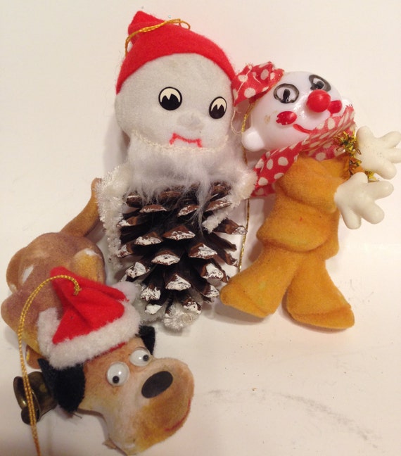 Retro Flocked Christmas Ornaments Vintage Decorations Retro Holiday Decor Clown Dog Pinecone Elf 1950s Felted Ornaments
