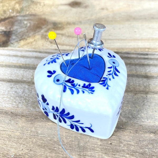 Vintage Delft blue pin cushion sewing accessory heart shaped