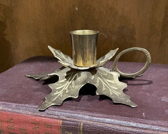 Vintage brass holly leaf candle holder with handle Christmas decor