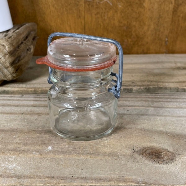 Vintage small glass canning jar with glass lid and metal closure, Ball Atlas Kerr style jar unmarked