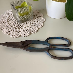 May include: A pair of vintage metal shears featuring a weathered, rusted finish with remnants of blue paint on the handles. The tool has two oval finger loops and a central pivot point connecting the two blades, showing signs of age and heavy use.