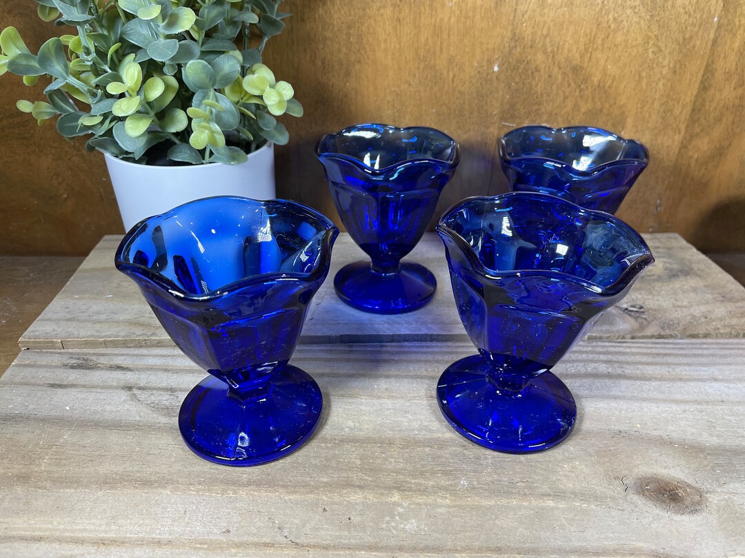 Vintage Cobalt Blue Glass Dessert Cups Hazel Atlas tulip Fruit Berry