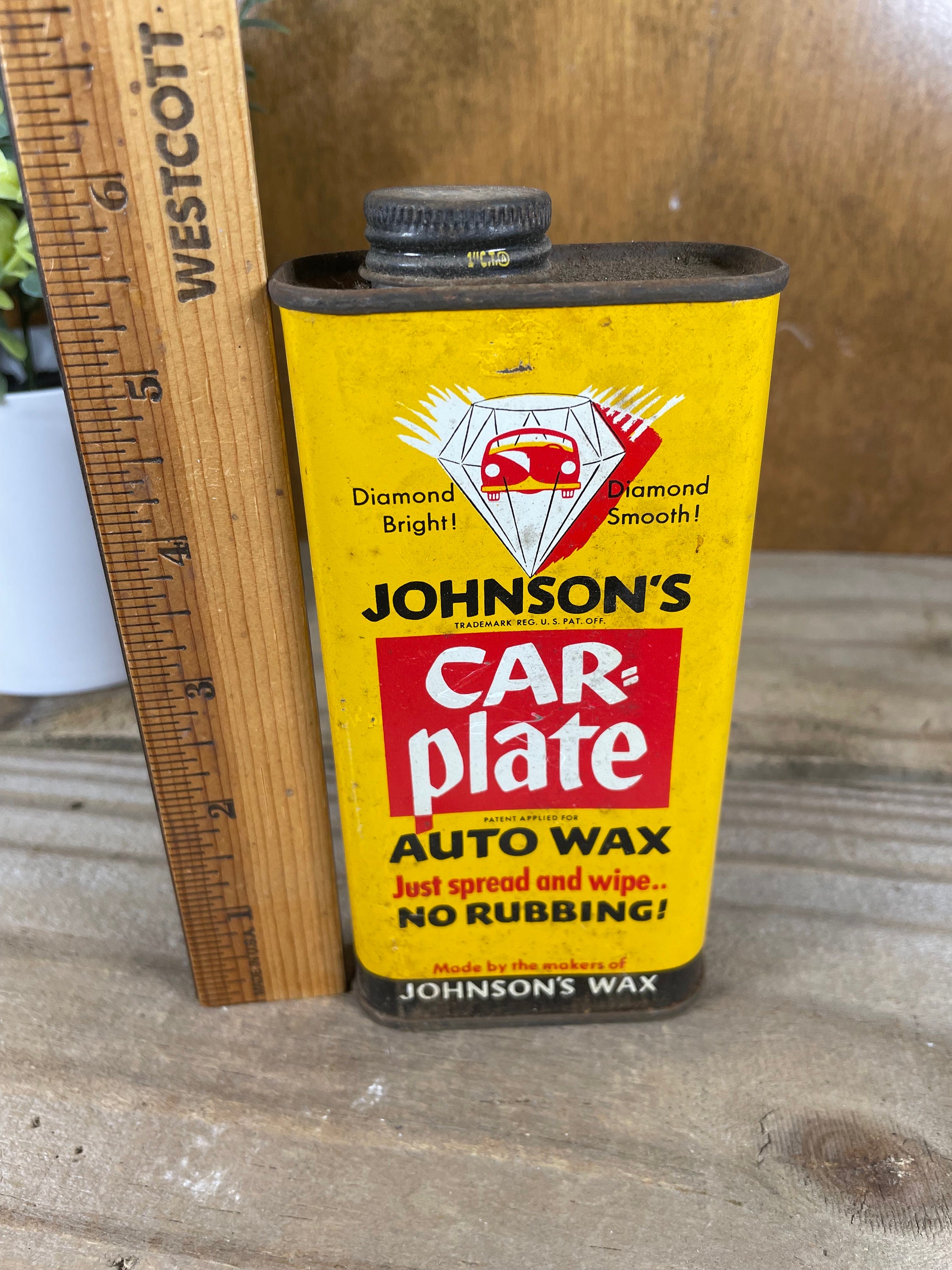 Vintage Johnson's Car-Plate Auto Wax 10 FL. OZ Tin Empty Pre 1963