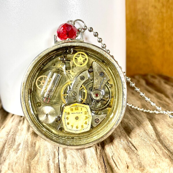 Steampunk watch parts necklace, resin diorama in pocket watch pendant