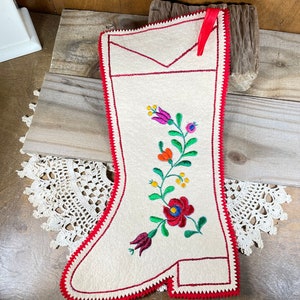 Vintage Christmas stocking embroidered floral felt