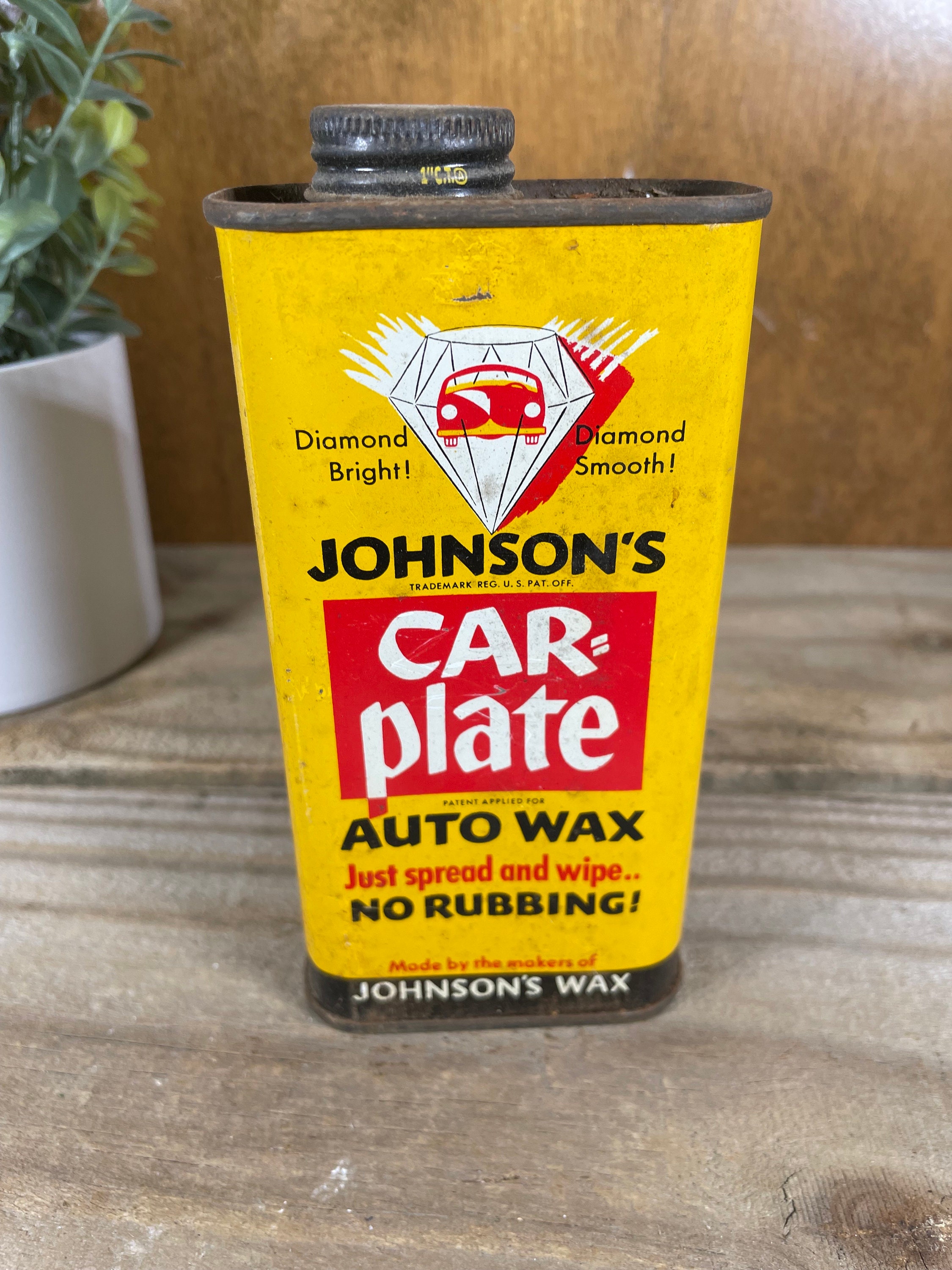 Vintage Johnson's Car Plate Auto Wax Metal Can, Man Cave Garage Decor 