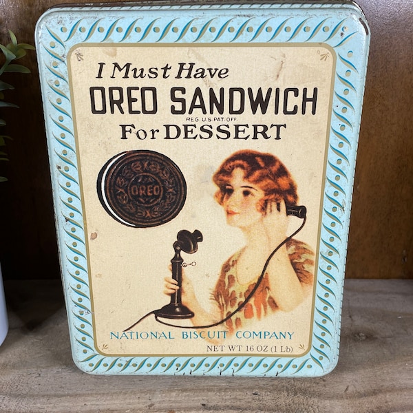 Vintage Oreo Sandwich cookie, National Biscuit Company metal collector's tin...1980-90s. Features image from World War I era.