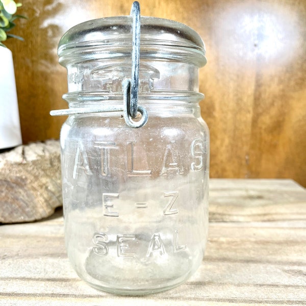 Vintage glass canning jar Atlas EZ Seal pint size with glass lid and metal closure