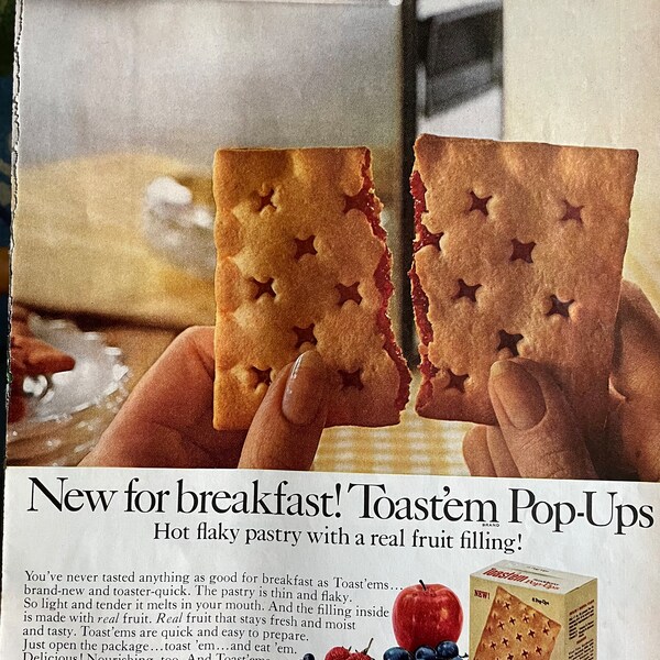 Vintage Toast'em Pop-Ups breakfast pastry advertisement from 1960s Better Homes and Gardens magazine, 9 1/2" x 12 1/2"