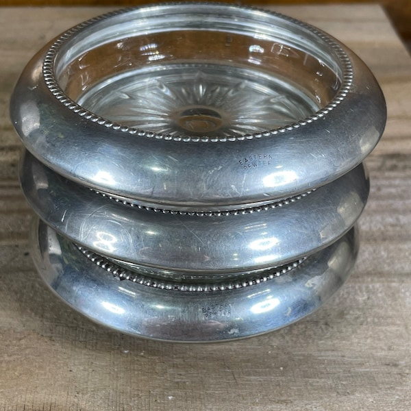 Set of vintage coasters, 3 pewter and glass Eastern Pewter